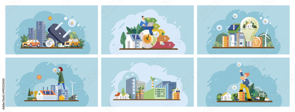 Clean energy concept. Various scenes depicting renewable energy sources, recycling, eco-friendly construction, and sustainable agriculture. Ideal for sustainability, environmental education Clean energy concept. Various scenes depicting renewable energy sources, recycling, eco-friendly construction, and sustainable agriculture. Ideal for sustainability, environmental education