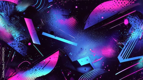 Vibrant, neon abstract artwork with glowing pink, blue, and purple geometric shapes and patterns on a dark background. The dynamic, futuristic design evokes a cyberpunk and digital aesthetic. AI gener photo