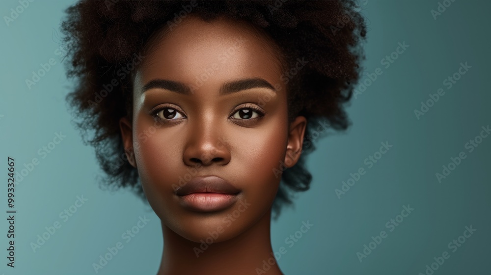 Close-Up Portrait of a Young Woman with Natural Afro Hairstyle Against a Light Blue Background, Photorealistic Close-Up Portrait of a Young Woman with Natural Afro Hairstyle Against a Light Blue Background, Photorealistic