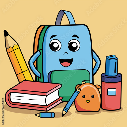 Cute Cartoon Backpack with School Supplies . Back to School Illustration