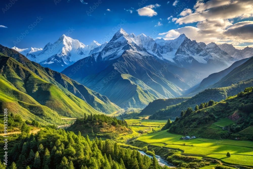 Obraz premium Cloudless skies illuminate majestic mountains towering above lush green valleys.