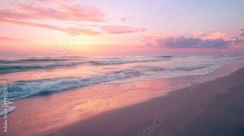 Fototapeta samoprzylepna The soft morning light paints a tranquil beach scene with gentle waves and a sky of pink, orange, and purple.