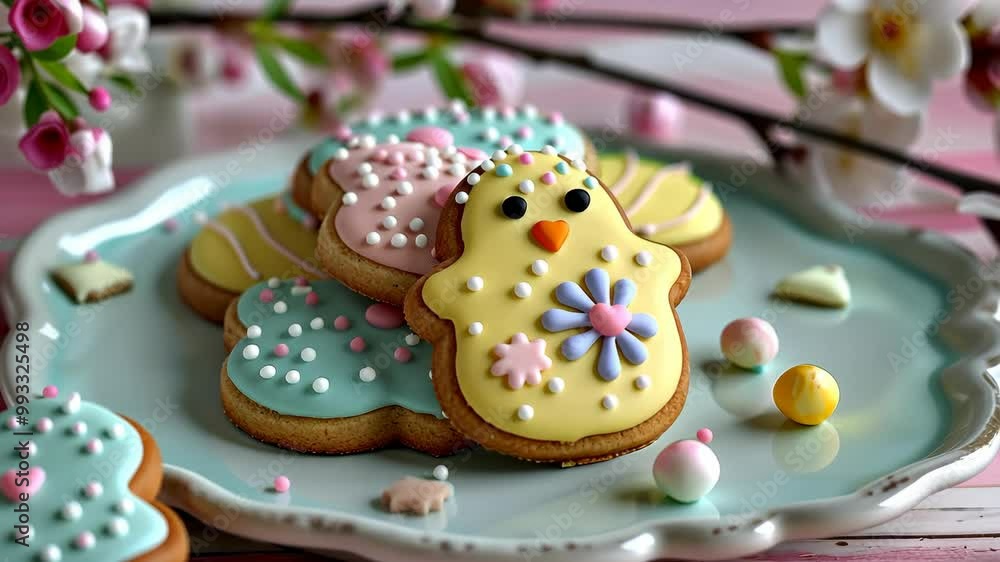 Decorated Easter cookies on a blue plate with a pink background Decorated Easter cookies on a blue plate with a pink background