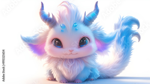 Fluffy white imp with horns and blue accents