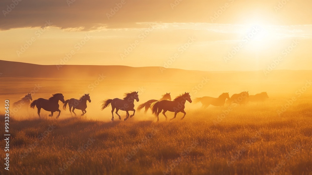 herds of horses gallop across the field herds of horses gallop across the field