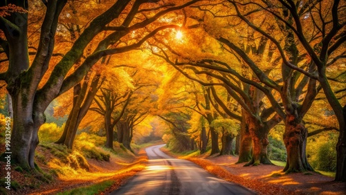 Sun-kissed Valley unfurls a serpentine road, lined with ancient trees, their leafy canopies filtering dappled light, warm hues of gold and orange. photo