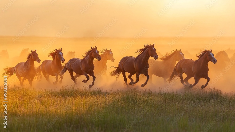 Fototapeta premium herds of horses gallop across the field