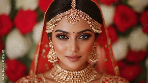 Elegant Bride Wearing Elaborate Matha Patti Headpiece at Wedding Venue Background photo