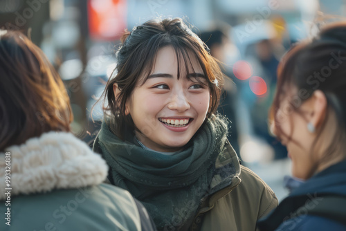 Happy young Asian woman organizing urban lifestyle group play and talk friendship day.