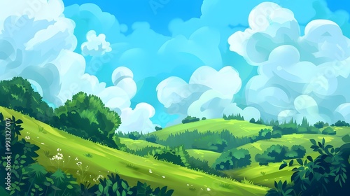 Cartoon-Style Landscape Featuring Rolling Green Hills, Fluffy Clouds, and a Bright Blue Sky photo