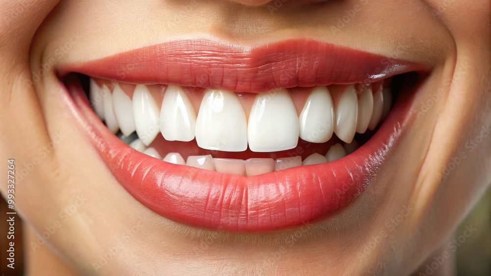 Obraz premium A close-up shot reveals a beaming smile with bright white teeth, highlighting excellent oral health in soft, natural lighting that enhances its radiance.