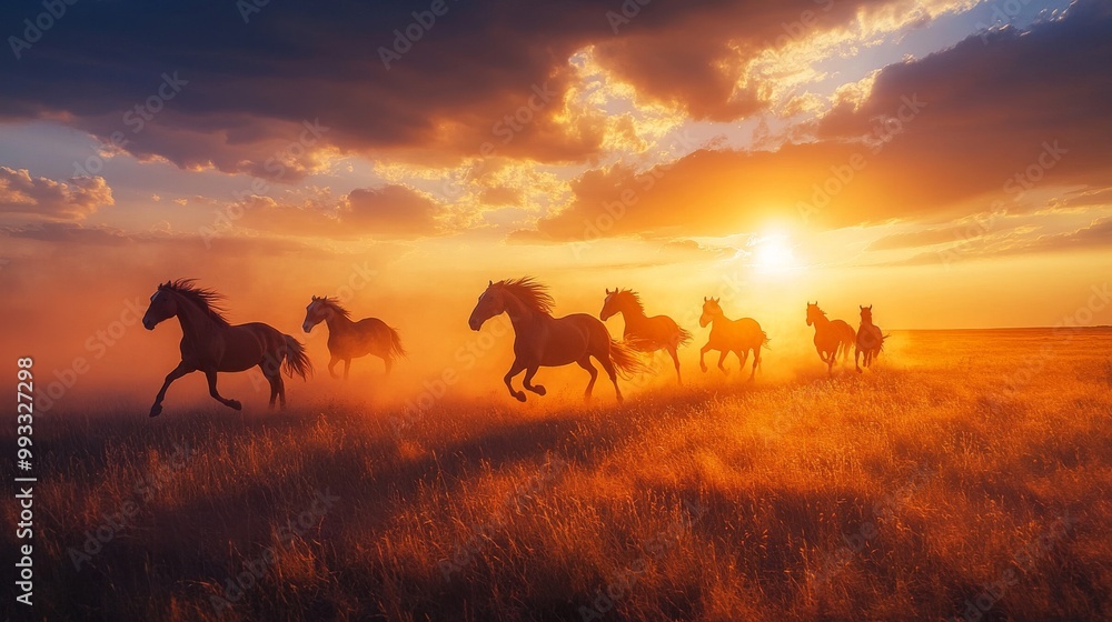 herds of horses gallop across the field herds of horses gallop across the field