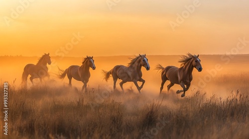 herds of horses gallop across the field