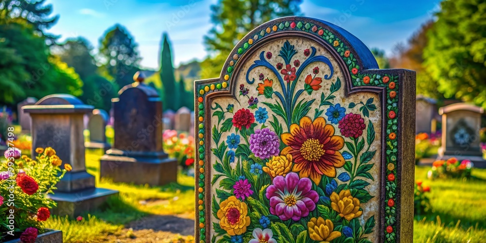Fototapeta premium Intricate Gravestone Art with Floral Designs and Elegant Patterns in a Serene Cemetery Setting