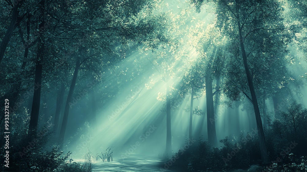 Naklejka premium Enchanting forest with beams of sunlight filtering through dense trees.