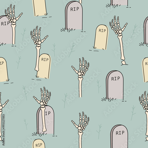 Seamless pattern of Spooky Skeleton Hands and Gravestones