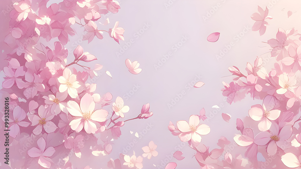 Delicate pink cherry blossoms falling against a soft, pastel sky. Delicate pink cherry blossoms falling against a soft, pastel sky.