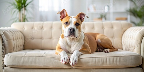 indoor, cozy,american stafforshire terrier, calm, domestic, dog, leisure, comfortable, A relaxed American Staffordshire Terrier is seen resting on a light colored sofa inside a house photo