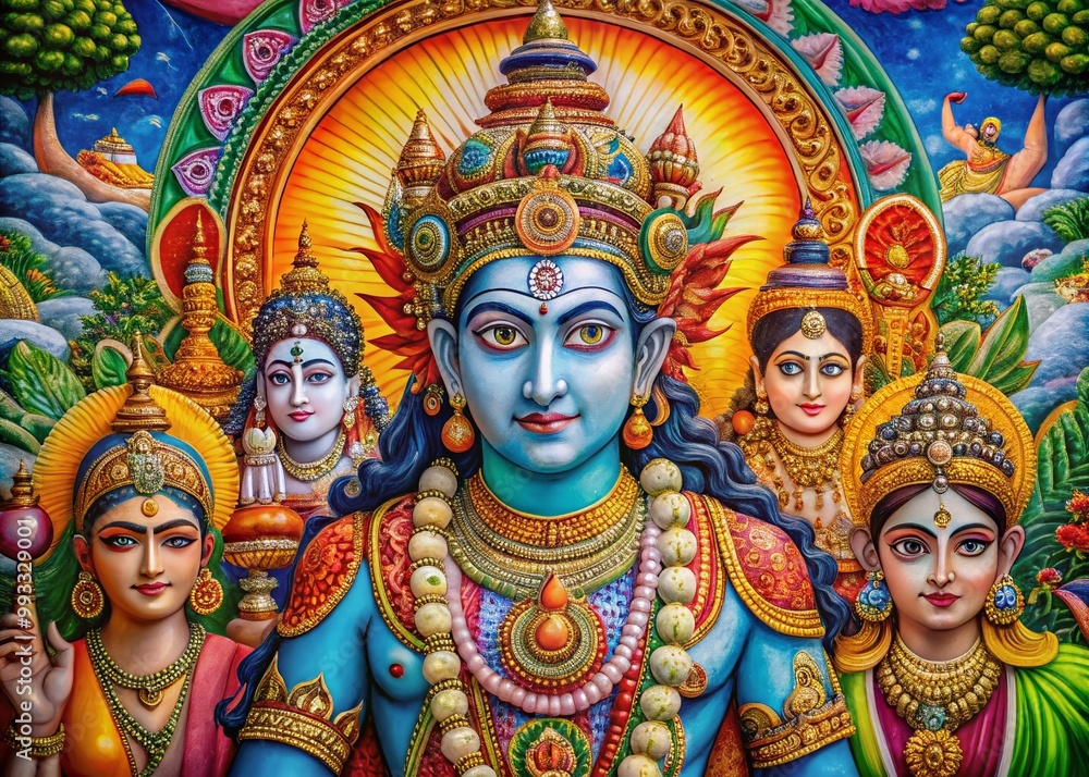 Fototapeta premium Intricate Hinduism Drawings Featuring Deities, Symbols, and Spiritual Concepts in Vibrant Colors