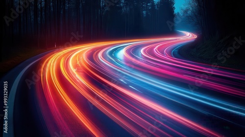 longexposure photograph captures the shimmering trails of headlights and taillights on a busy highway at night creating a mesmerizing flow of light in a dark urban landscape