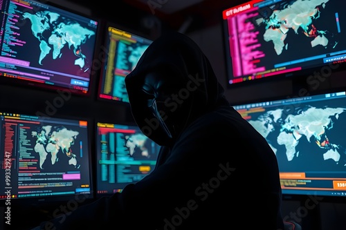 In a dimly lit room, a silhouette of a hacker hunches over multiple screens, fingers dancing over the keyboard.