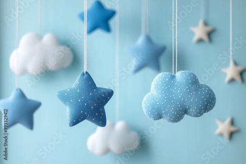 Card Baby Boy Symbols Hanging Cloud Stars Blue, Generative AI photo