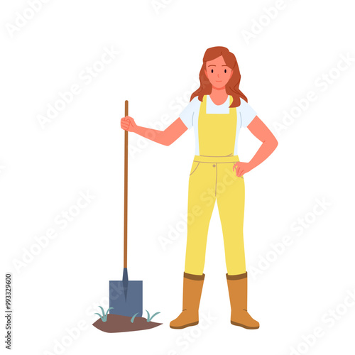 Female farmer holding shovel to dig garden soil for planting organic plant. Young cute woman in overall and rubber boots standing with gardener tool in hand and smiling cartoon vector illustration