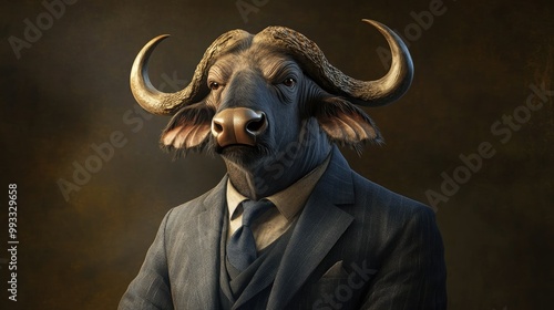 Buffalo in a suit Stylish anthropomorphic portrayal of an African buffalo dressed formally Hyper realistic animal portrait