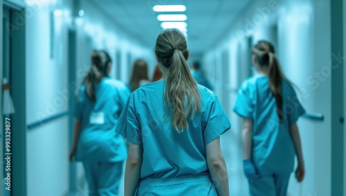 A group of dedicated and caring nurses are walking down a hospital hallway