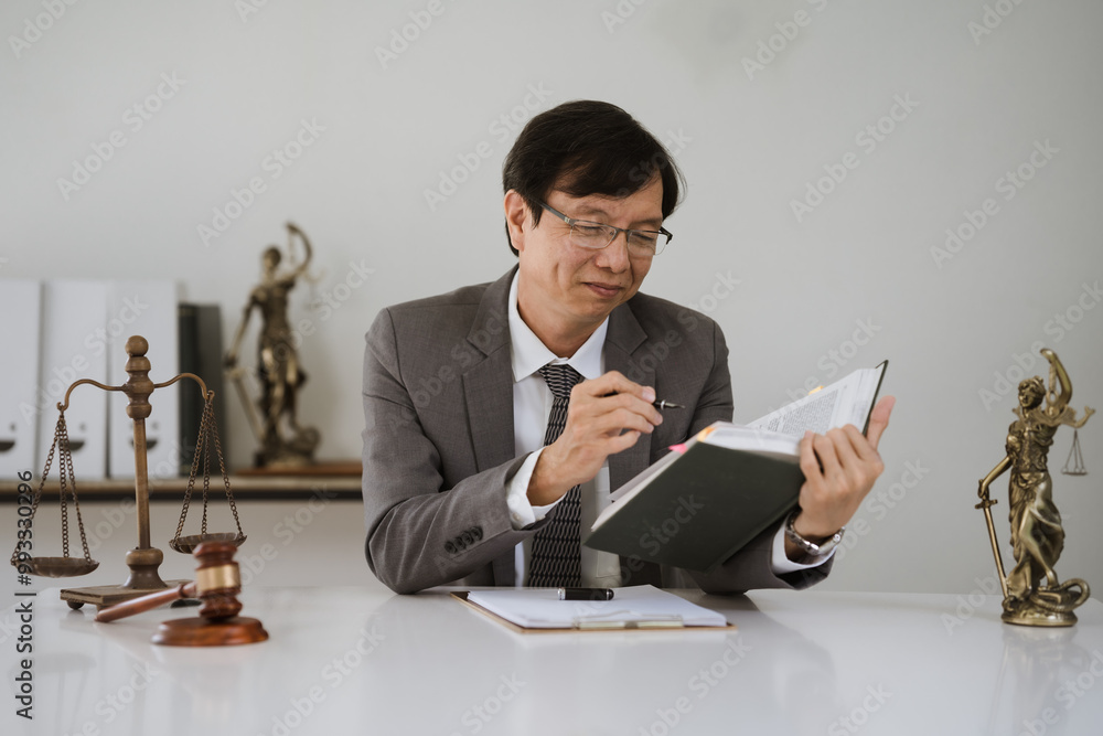 Lawyer Reviewing Case Files: A focused Asian male lawyer meticulously reviews legal documents at his desk, surrounded by symbols of justice. A portrait showcasing professionalism and dedication. Lawyer Reviewing Case Files: A focused Asian male lawyer meticulously reviews legal documents at his desk, surrounded by symbols of justice. A portrait showcasing professionalism and dedication.