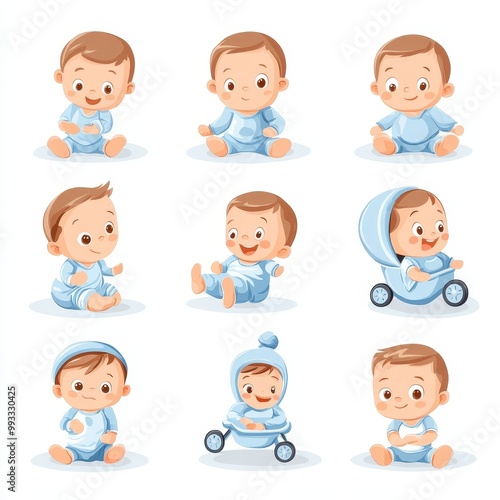 Infant baby characters. Newborn in different activity isolated on white, Generative AI