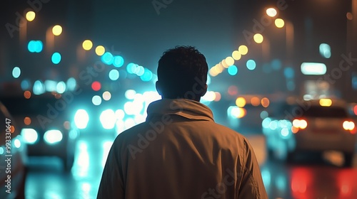 A person stands alone at a busy urban intersection, facing the street filled with cars and colorful lights. The night air is alive with the energy of the city as traffic moves past.