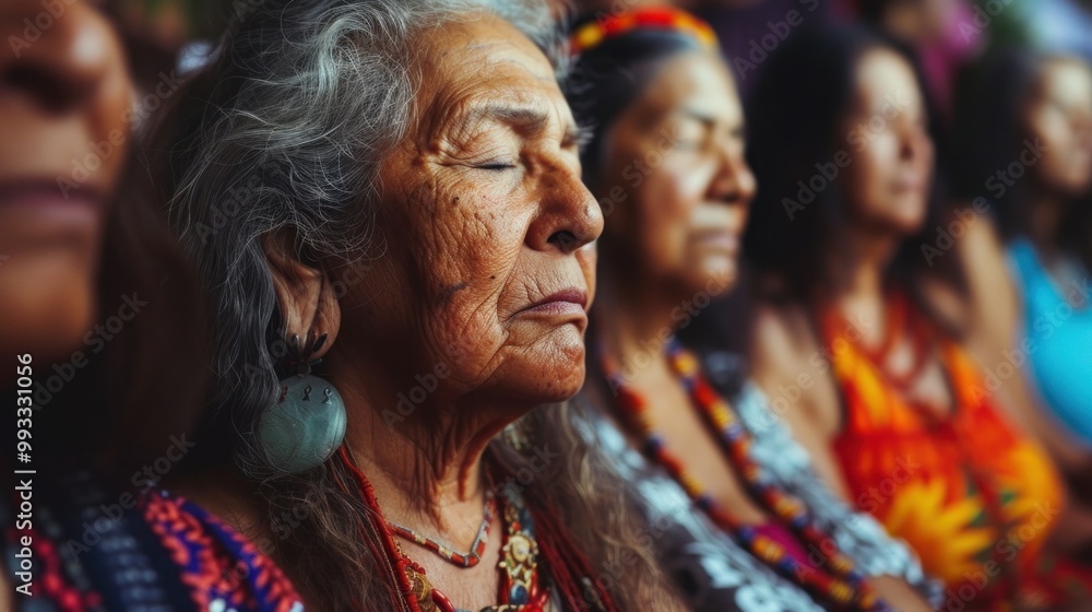 Three women are sitting together in a row, their eyes gently closed Three women are sitting together in a row, their eyes gently closed