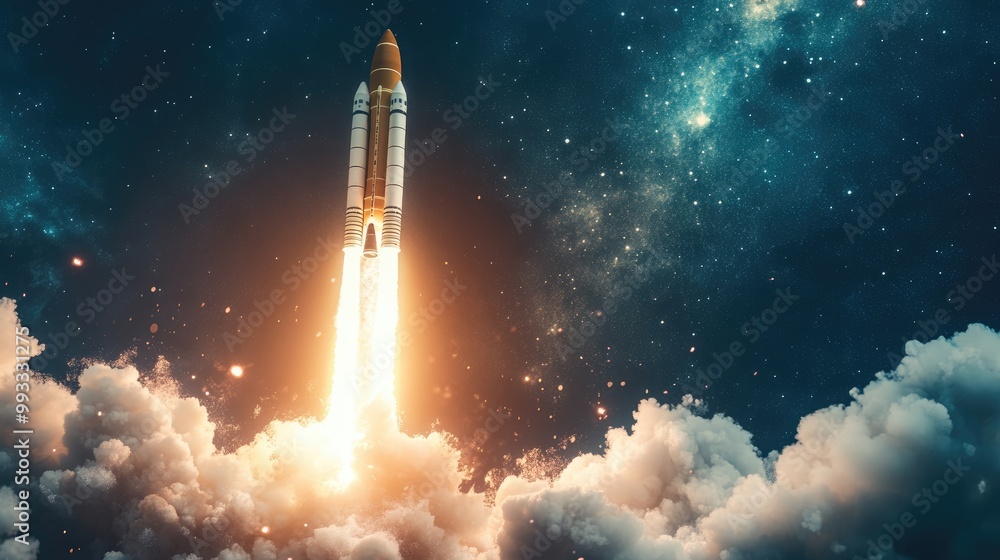 Naklejka premium Rocket launches successfully with a powerful blast and clouds of smoke embarking on a mission into the star filled sky A significant moment for space exploration and the journey to new frontiers