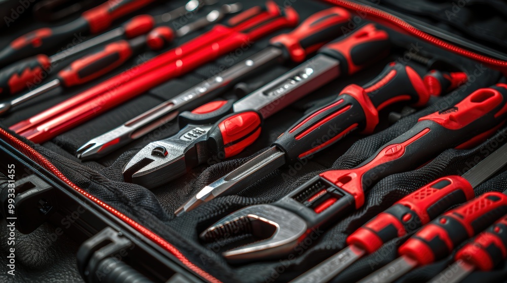 Fototapeta premium Set collection of red screwdriver work tool in open case on the wooden table closeup, handyman home repair kit toolbox