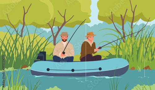 Father and son fishing in lake or river landscape. Family leisure, fisherman characters holding fishing rods to catch fish while sitting in rubber boat floating on water cartoon vector illustration