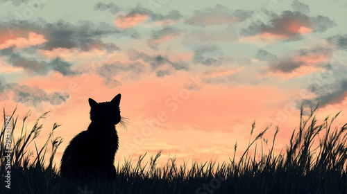 A cat gazes thoughtfully at a vibrant horizon line, surrounded by soft grass and colorful clouds reflecting the sunset