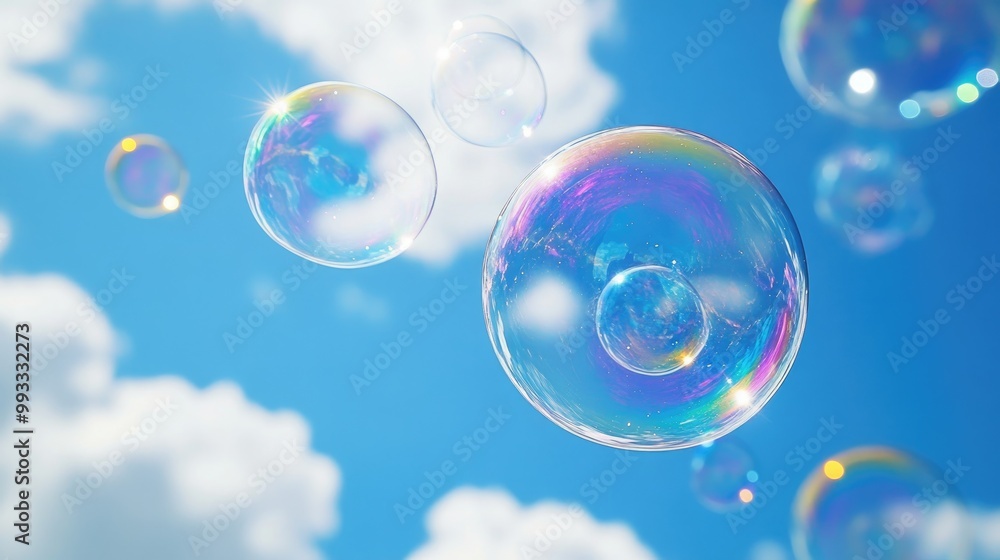 Colorful bubbles afloat in a clear blue sky with fluffy clouds Colorful bubbles afloat in a clear blue sky with fluffy clouds