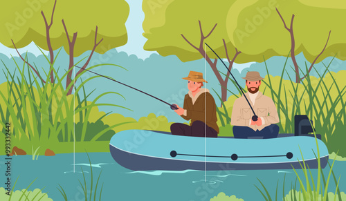 Father and son fishing in lake or river landscape. Family leisure, fisherman characters holding fishing rods to catch fish while sitting in rubber boat floating on water cartoon
