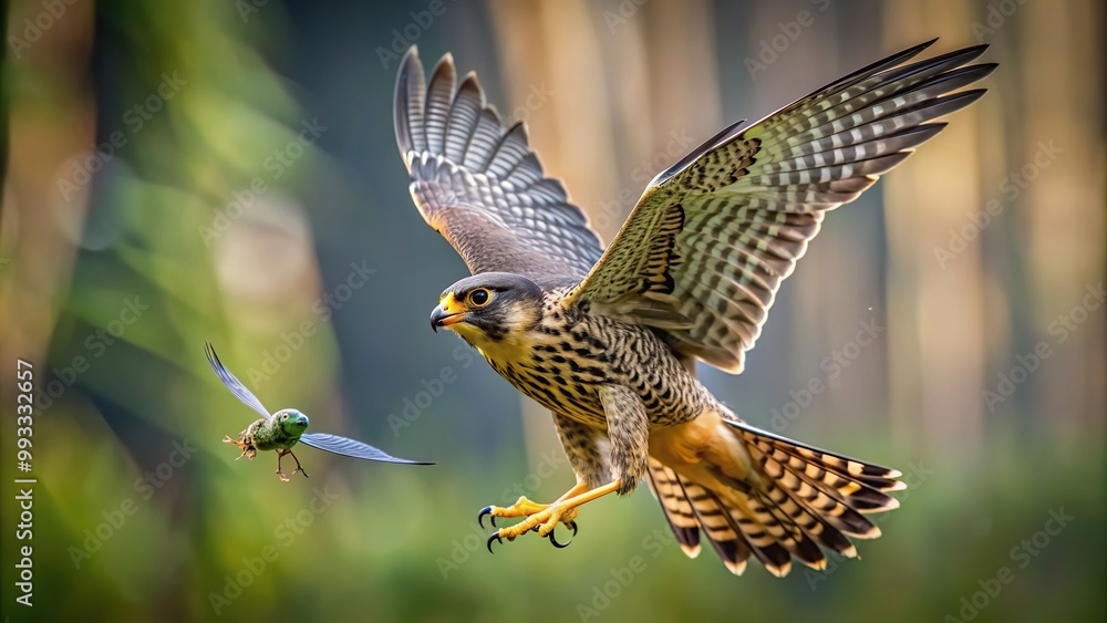 Fototapeta premium Falco subbuteo, predator, dragonfly, A stunning stock photo of a Eurasian Hobby falcon Falco subbuteo captured in a forced perspective shot as it gracefully catches a dragonfly in mid air