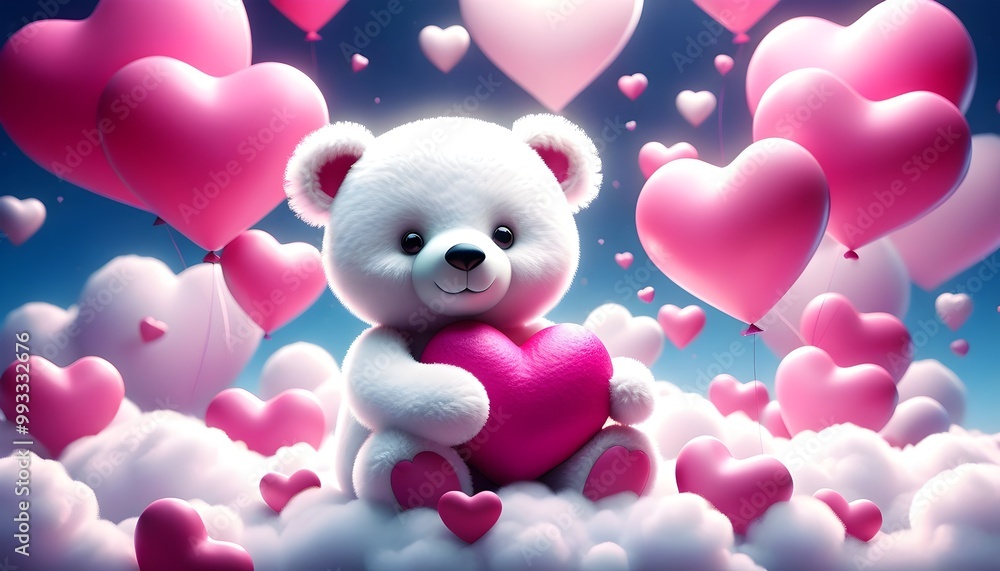 teddy bear with pink heart on a cloud surrounded by colorful balloons teddy bear with pink heart on a cloud surrounded by colorful balloons