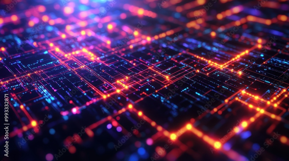 Abstract Neon Glowing Circuit Board - Digital Technology Background Abstract Neon Glowing Circuit Board - Digital Technology Background