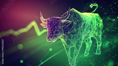 Abstract design featuring a polygon bull representing the stock market with a smooth blend of colors and a glowing green graph in a digital art style photo