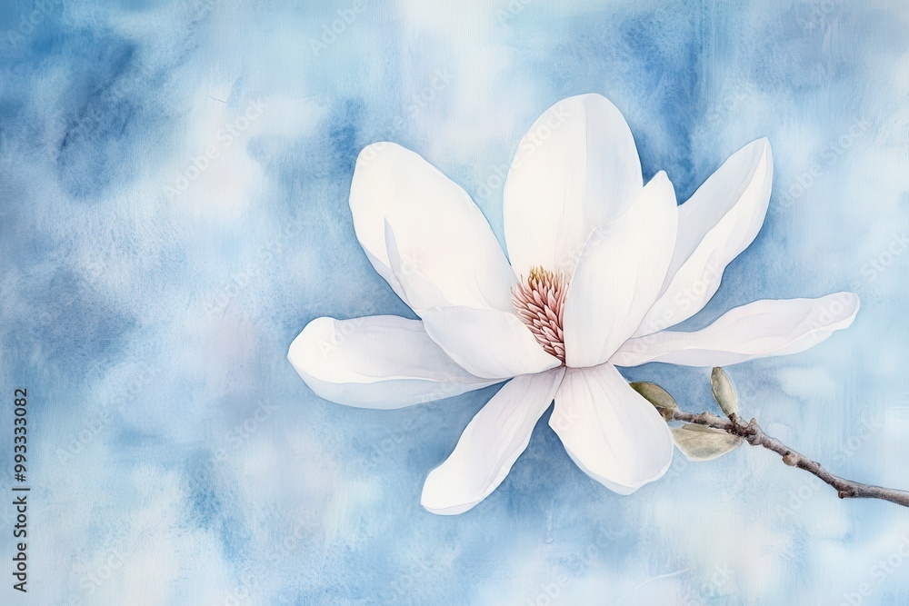 Watercolor Painting of a White Magnolia Flower on a Blue Background Watercolor Painting of a White Magnolia Flower on a Blue Background