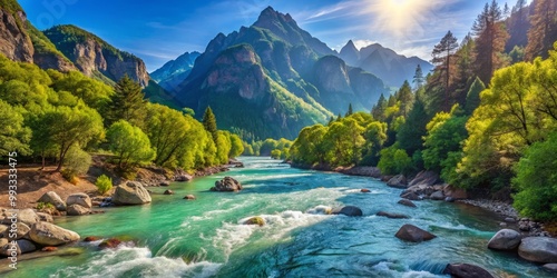 Mountainous terrain rises up on either side of the river, its calm waters reflecting the vibrant green forest and rugged cliffs under a radiant blue sky.