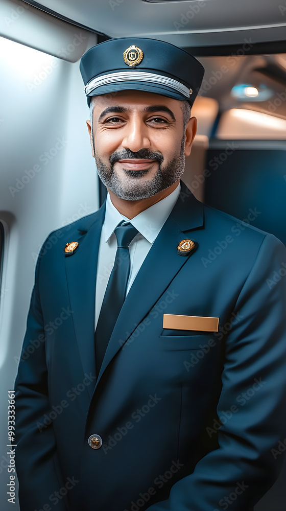 A realisitic portrait of a middle-aged man in a captain's uniform smiling confidently in an aircraft interior A realisitic portrait of a middle-aged man in a captain's uniform smiling confidently in an aircraft interior