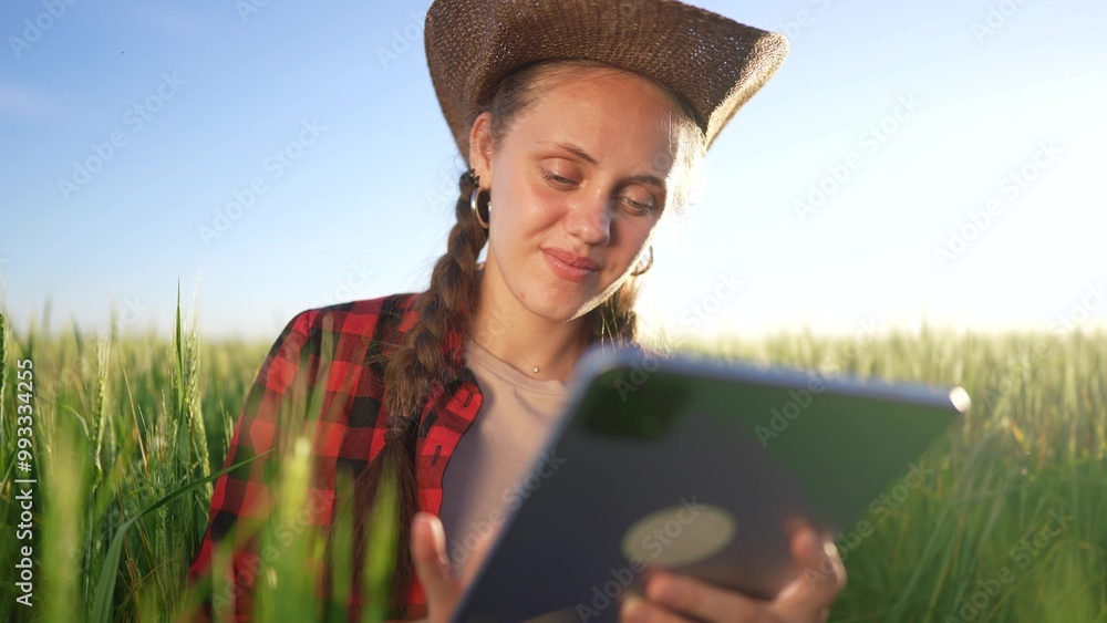 Fototapeta premium Agriculture. A girl eats wheat on a tablet. Agriculture farm technology concept. Farmer lifestyle studying wheat in a. field. Young girl studying on a tablet in a field of wheat.