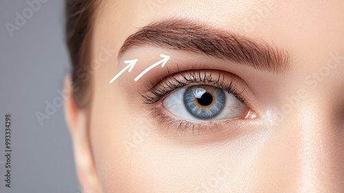 Blepharoplasty concept. Closeup view of lady eye with arrows point in direction of planned oculoplastic surgery to tighten and lift the skin around the eyes. photo