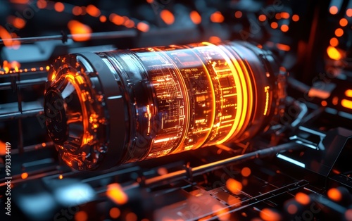 Futuristic Technology Glowing Orange Circuitry Inside Transparent Cylinder.