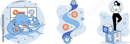 Adaptability, flexibility, resilience. A chameleon on a branch, a winding path with gears, and a person balancing on cubes illustrate the importance of adjusting to changes and problem-solving. Ideal